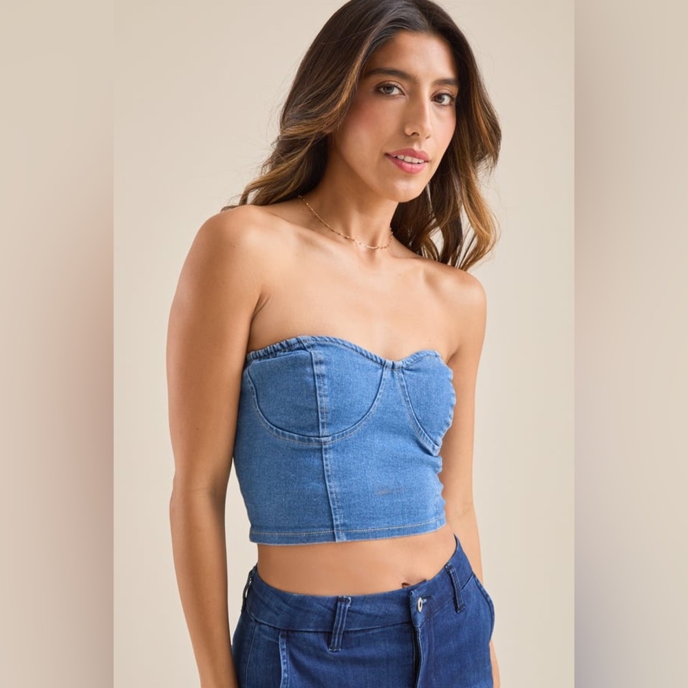 Altar'd State Light Blue Denim Strapless Crop Top